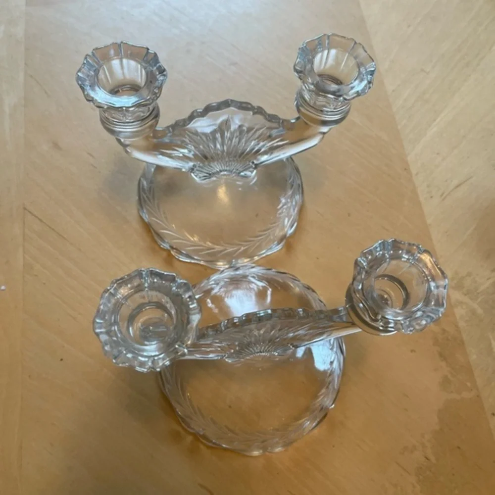 Vintage Clear Jeanette Glass Double Candlestick Sunburst Herringbone Set of Two